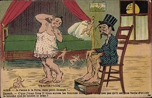 Ansichtskarte / Postkarte Altes Ehepaar, Frau im Schlafhemd, Engel, Unzufriedener Mann