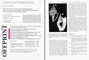 Seller image for Occurrence of the tropical and subtropical gastropod Strombus vomer vomer off north-eastern Northland, New Zealand. In 8vo, offp., pp. 3 with 1 fig. Offprint from NZ Jour. Mart. Fresh. Res., 32. Redescribed as new species (Euprotomus kiwi) by Bozzetti & Sargent, 2011 for sale by NATURAMA