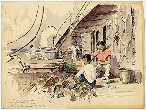 Antique Drawing-CHINESE NEW YEAR-PREPARATIONS-ON DECK-STEAMER-Ligtelijn-1967