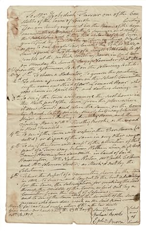 One-page manuscript warrant served by the constable, Zeb. Farrar, as directed by the selectmen Sa...