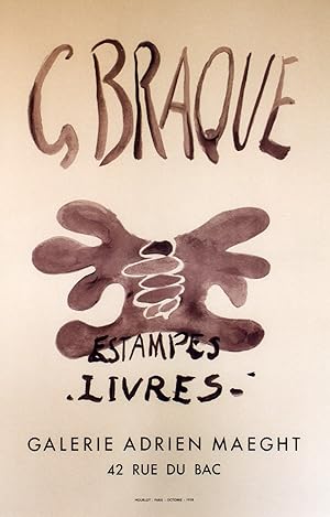 "Georges BRAQUE : ESTAMPES, LIVRES" EXPOSITION GALERIE ADRIEN MAEGHT Paris 1958 / Affiche origina...