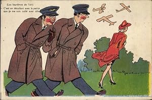 Ansichtskarte / Postkarte Zwei junge Männer beobachten eine Frau, Flugzeuge