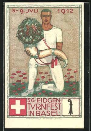 Künstler-Ansichtskarte Basel, 56. Eidgenössisches Turnfest 1912, Turner mit Horn