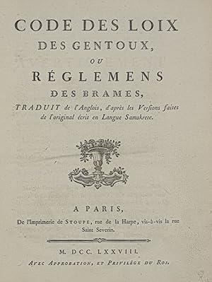 CODE DES LOIS DES GENTOUX OU REGLEMENS DES BRAMES