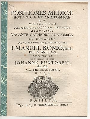 Bild des Verkufers fr Positiones medicae botanicae et anatomicae. zum Verkauf von Wissenschaftliches Antiquariat Kln Dr. Sebastian Peters UG