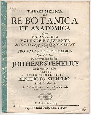 Image du vendeur pour Theses medicae de re botanica et anatomica. mis en vente par Wissenschaftliches Antiquariat Kln Dr. Sebastian Peters UG