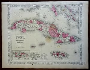 Caribbean Islands Cuba Puerto Rico Jamaica 1864 Johnson & Ward civil war era map