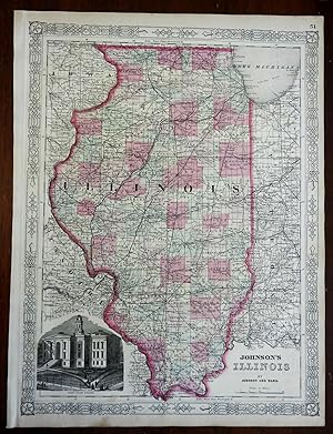 Illinois Chicago Court House Springfield 1864 Johnson & Ward civil war era map