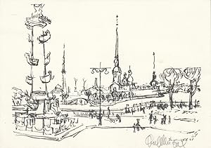 Lithograhie: Leningrad. Rostralsäule auf der Wassiljew-Insel.