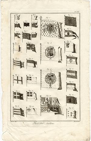 8 Antique Prints-SHIP-MARITIME FLAGS-PAVILLONS-COAT OF ARMS-Diderot-Benard-1751