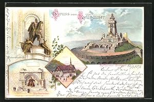 Lithographie Kyffhäuser, Kyffhäuser-Denkmal, Reiterstandbild, Barbarossa und Wirtschaft