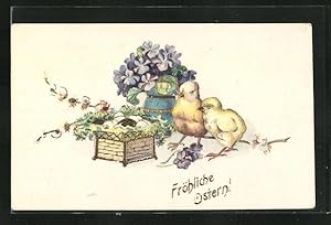Ansichtskarte Zwei Osterküken mit Blumenstrauss und Osternest