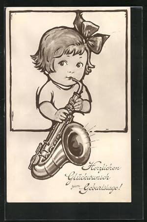 Ansichtskarte Glückwunsch zum Geburtstage!, Kleine Saxofonistin
