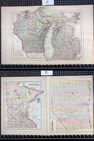 1894 Original Handcolor Map: MICHIGAN AND WISCONSIN / MINNESOTA / DETROIT