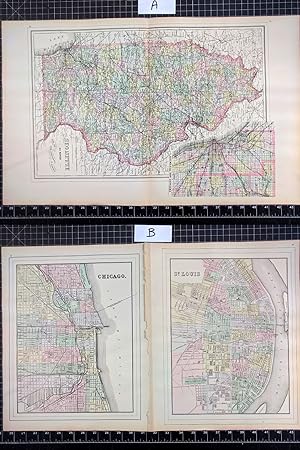 1894 Original Handcolor Map: ILLINOIS / CHICAGO / ST. LOUIS