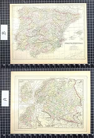 1894 Original Handcolor Map: SPAIN AND PORTUGAL / RUSSIA IN EUROPE, SWEDEN AND NORWAY