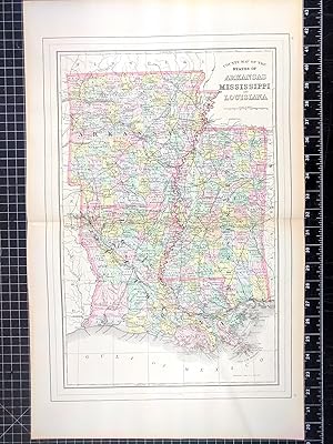 Seller image for 1894 Original Handcolor Map: ARKANSAS, MISSISSIPPI AND LOUISIANA for sale by CorgiPack