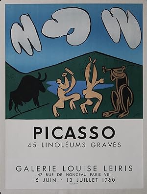 "EXPOSITION 45 LINOLEUMS GRAVÉS par PICASSO (Galerie Louise LEIRIS Paris 1960)" Affiche originale...