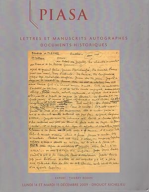 Bild des Verkufers fr Lettres et manuscrits autographes, documents historiques : [vente], Paris, Drouot Richelieu, 14 et 15 dcembre 2009 zum Verkauf von PRISCA