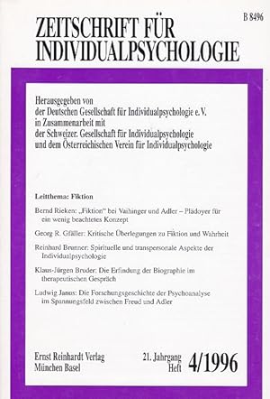 Bild des Verkufers fr Zeitschrift fr Individualpsychologie. Heft 4/1996, 21. Jahrgang. Leitthema: Fiktion. Hrsg. von: Deutsche Gesellschaft fr Individualpsychologie e.V., in Zusammenarbeit mit der Schweizerischen Gesellschaft fr Individualpsychologie und dem sterreichischen Verein fr Individualpsychologie. zum Verkauf von Fundus-Online GbR Borkert Schwarz Zerfa