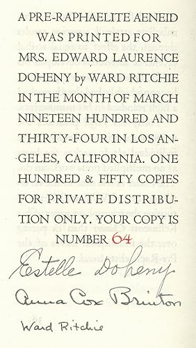 Bild des Verkufers fr A Pre-Raphaelite Aeneid of Virgil in the Collection of Mrs. Edward Laurence Doheny of Los Angeles, Being an Essay in Honor of the William Morris Centenary 1934 zum Verkauf von Scott Emerson Books, ABAA