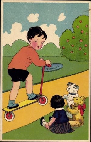 Künstler Ansichtskarte / Postkarte Junge auf einem Roller, Teddy