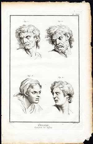 3 Antique Prints-ART SCHOOL-DRAWING-HUMAN EXPRESSION-EMOTION-Diderot-1751
