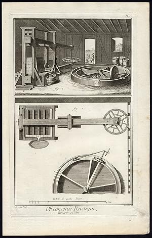 2 Antique Prints-AGRICULTURE-CIDRE PRESS-MACHINE-ECONOMY-Diderot-Defehrt-1751