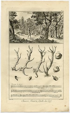 Antique Print-DEER HUNTING-CHASSE-HORNS-Diderot-Prevost-1751