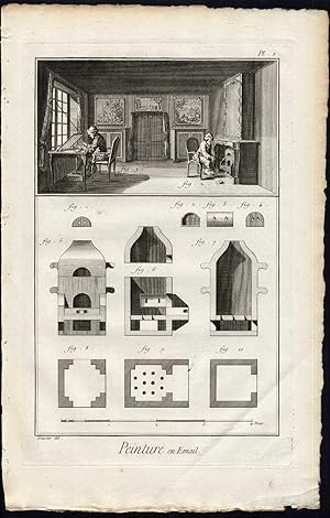 2 Antique Prints-EMAILLE-ENAMEL-PORCELAIN-PEARL-LAMP-Diderot-1751