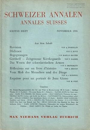 Schweizer Annalen. Annales Suisses. Konvolut von 5 Heften: Hefte 1-4 und Heft 6. Erstes Heft. Nov...