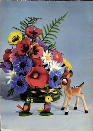 Ansichtskarte / Postkarte Walt Disney, Spielzeug, Zwerg und Vögel, Blumen