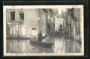 Ansichtskarte Orléans, Crue de la Loire 1907, Rue des Charretiers, Strassenpartie bei Hochwasser