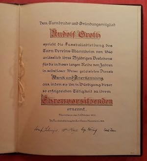 Handgeschriebene (Kalligraphische) große Urkunde "Turnverein Mannheim 1846. Fußballabteilung" ("D...