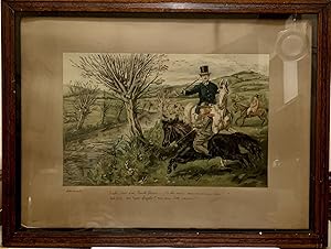 Hand Colored Proof Engraving Depicting Hunting Scene; Wood framed glass portrait with hooks suita...