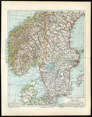 Antique Map-SOUTH SCANDINAVIA-NORWAY-SWEDEN-Meyers-1895