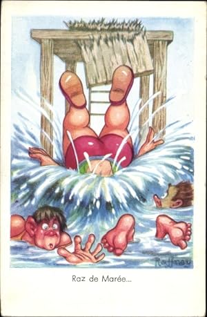 Künstler Ansichtskarte / Postkarte Raddnay, Raz de Maree, dicke Frau fällt ins Wasser