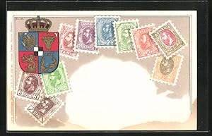 Lithographie Briefmarken und Wappen von Rumänien
