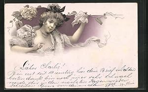Ansichtskarte Fräulein mit Pelz und Taschentuch in der Hand, Jugendstil