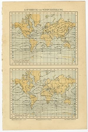 Antique Map-ATMOSPHERIC PRESSURE-WORLD MAP-Meyers-1895