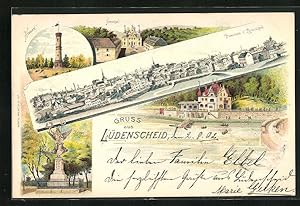 Lithographie Lüdenscheid, Aussichtsturm auf dem Homert, Blick auf Neuenhof, Kriegerdenkmal