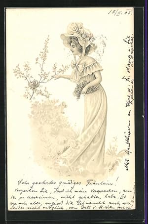 Ansichtskarte Fräulein mit Hut vor einem Vogelnest, Jugendstil