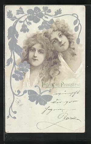 Präge-Ansichtskarte Zwei junge Damen mit langen Haaren, Pfingstgruss, Jugendstil