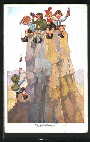 Ansichtskarte Gipfelstürmer, Kinder bei einer Brotzeit auf einem Felsen