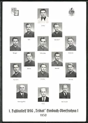 Ansichtskarte Limbach-Oberfrohna, 1. Fussballelf BSG Trikot 1950, Ruh, Schneider, Winkler
