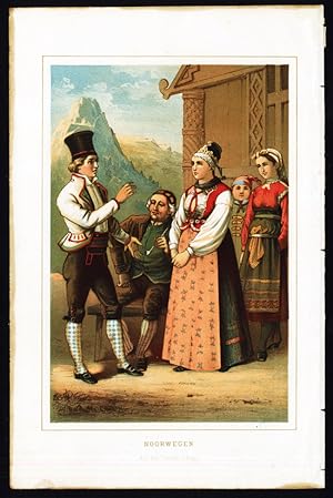 Antique Costume Print-NORWAY-NORWEGIAN MEN AND WOMEN-1880