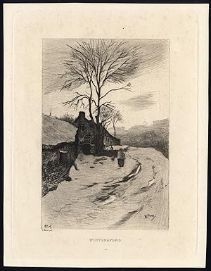 Original Print-WINTER LANDSCAPE-BARN-COTTAGE-Anton Mauve-Philip Zilcken-1897