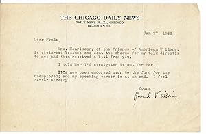Image du vendeur pour TYPED LETTER SIGNED by Chicago Daily News columnist HOWARD VINCENT O'BRIEN humorously writing to lecture promoter James B. Pond announcing the end of his "speaking career". mis en vente par Blue Mountain Books & Manuscripts, Ltd.
