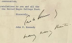 Bild des Verkufers fr John F. Kennedy?s Letter to the United Negro College Fund After His Great 1959 Speech There, Endorsing the Organization and Praising ?the outstanding job the Fund is doing in the fields of education and human relations.? (Letters of JFK on issues of race are incredibly uncommon. This is offered for sale for the first time) zum Verkauf von The Raab Collection