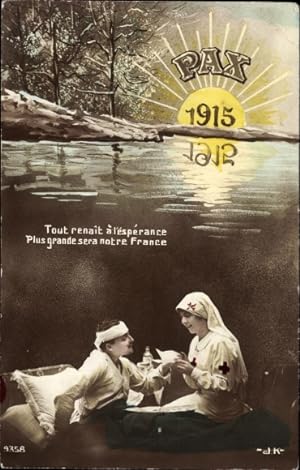 Ansichtskarte / Postkarte Pax 1915, Krankenschwester, verwundeter Soldat, Rotes Kreuz, I WK